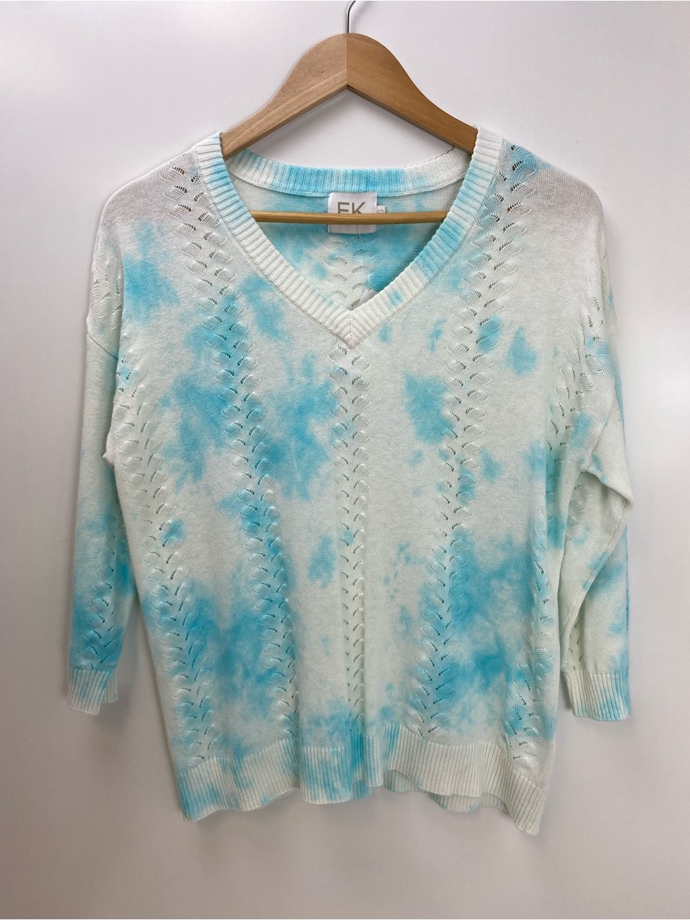 EK Blue Tie-Dye V-Neck Open-Knit Sweater